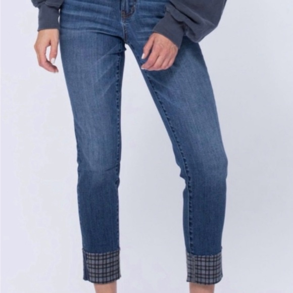 Judy Blue Denim - Judy Blue 13/31 Skinny Jeans Plaid Cuff Raw Hem Stretch Denim Women